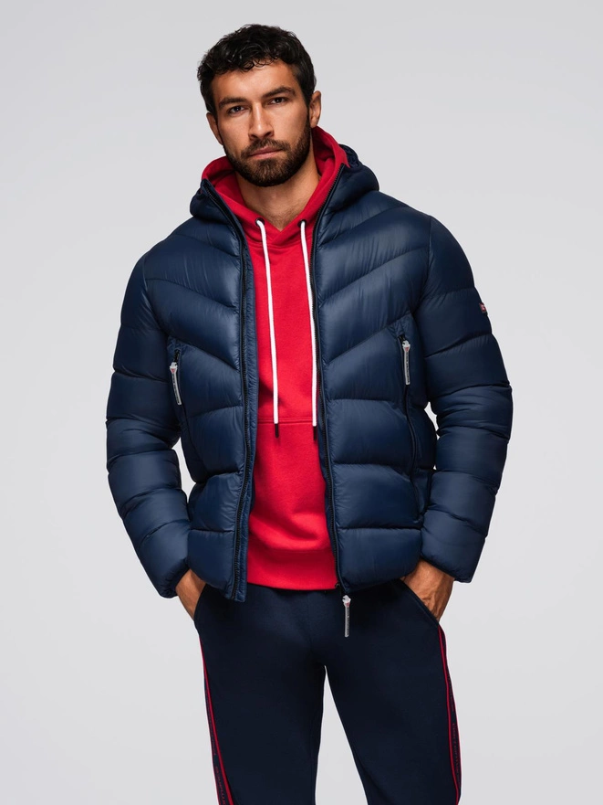 Modern men's quilted jacket of combined materials - navy blue V2 OM-JAHP-0303