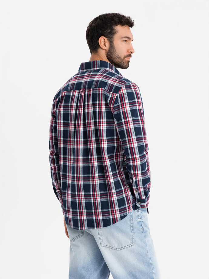 Men's flannel shirt with buttoned pockets - red and navy blue OM-SHCS-0137