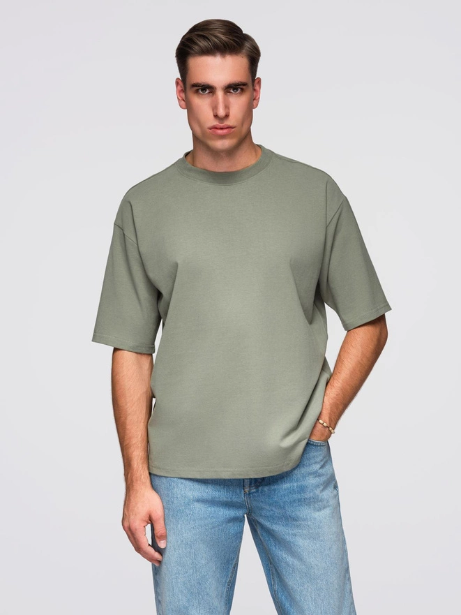 Men's LOOSE FIT cotton t-shirt with round neckline - khaki V8 OM-TSBC-0234