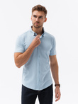 Men's knitted slim fit shirt with short sleeves and collar - blue V3 OM-SHSS-0100