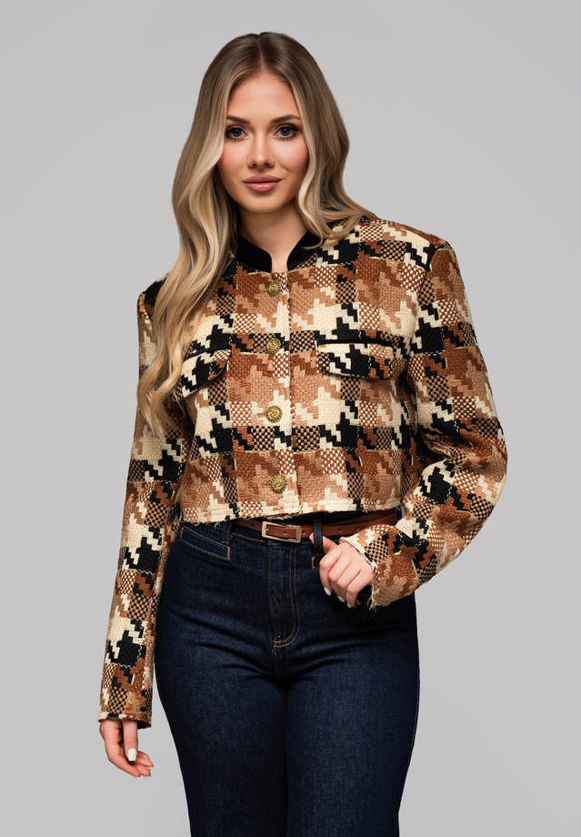 Women's short stand-up jacket with wool OW-BLZB-0103 v1 - brown