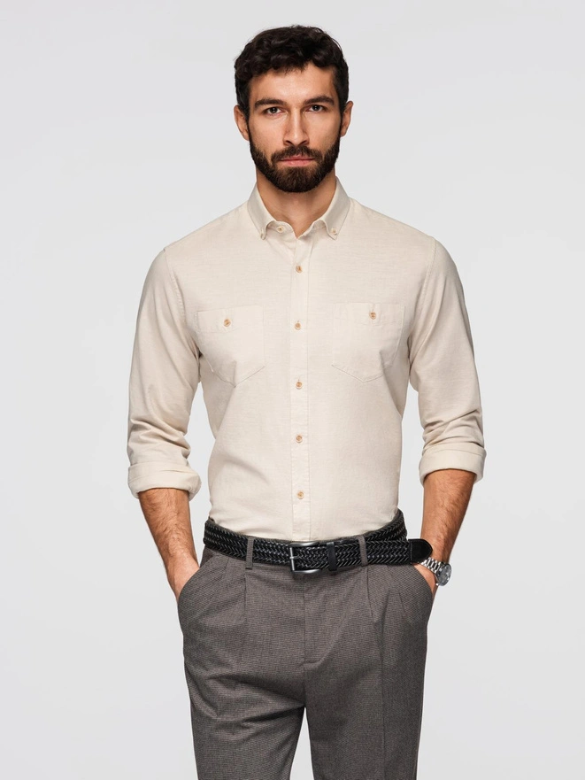 Men's linen shirt with classic collar and pockets REGULAR FIT - cream V3 OM-SHCS-0134