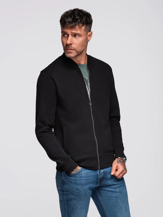 Cotton unbuttoned men's sweatshirt bomber - black V5 OM-SSZP-0215