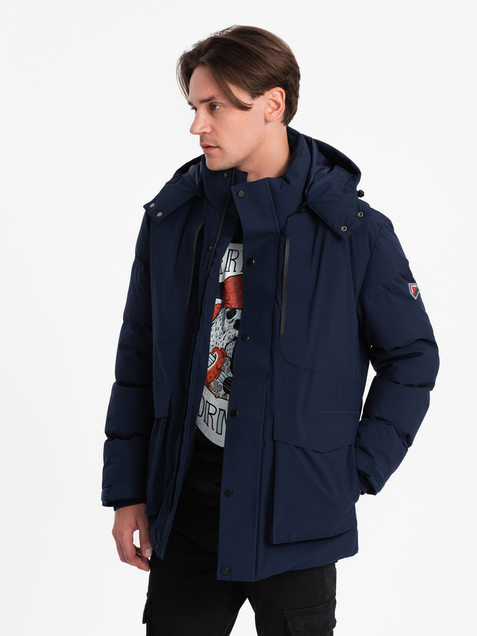 Men's winter jacket with detachable hood and cargo pockets - navy blue V1 OM-JAHP-0152