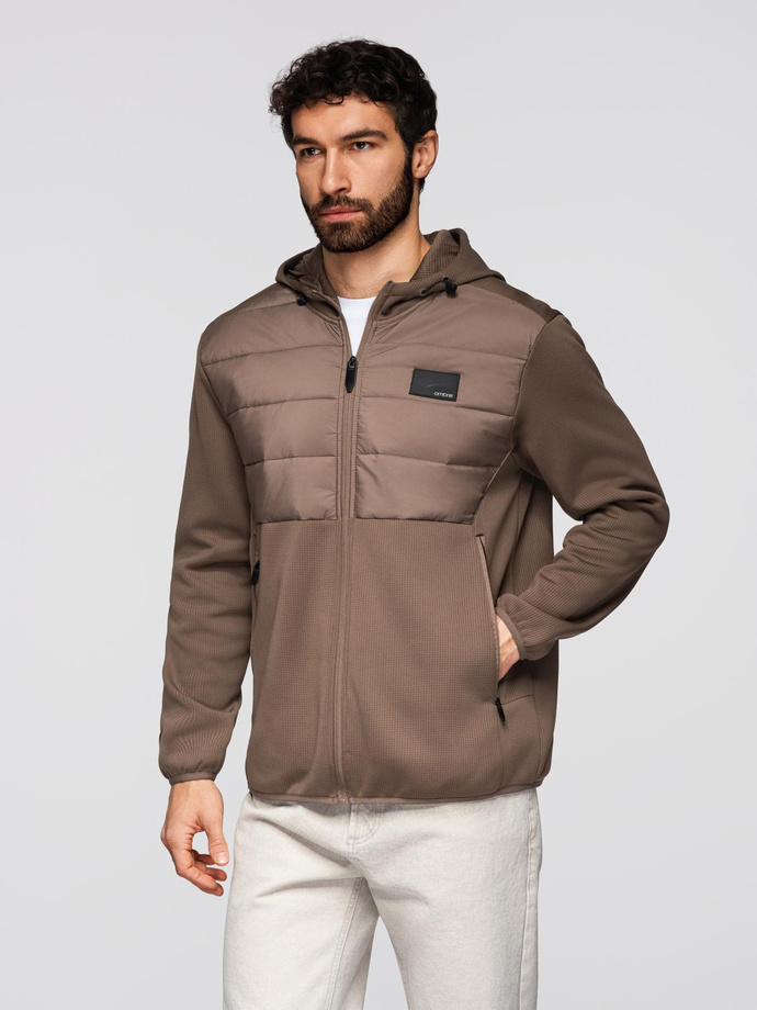 Men's lightweight jacket of combined materials with hood and decorative quilting - light brown V2 OM-JANP-0160