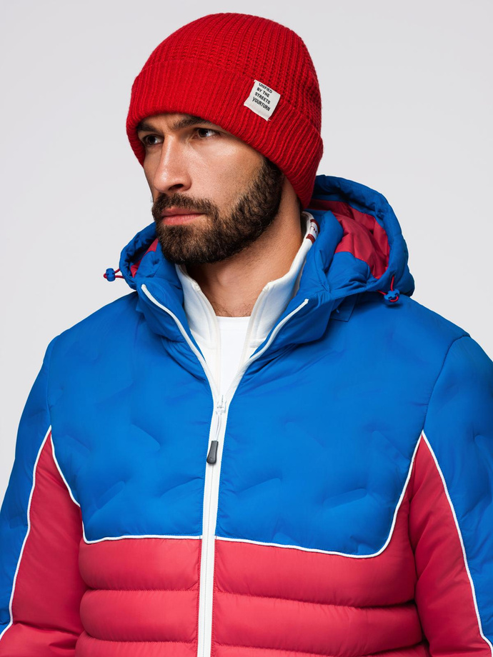 Men's quilted jacket with detachable hood - blue and red V1 OM-JALP-0206