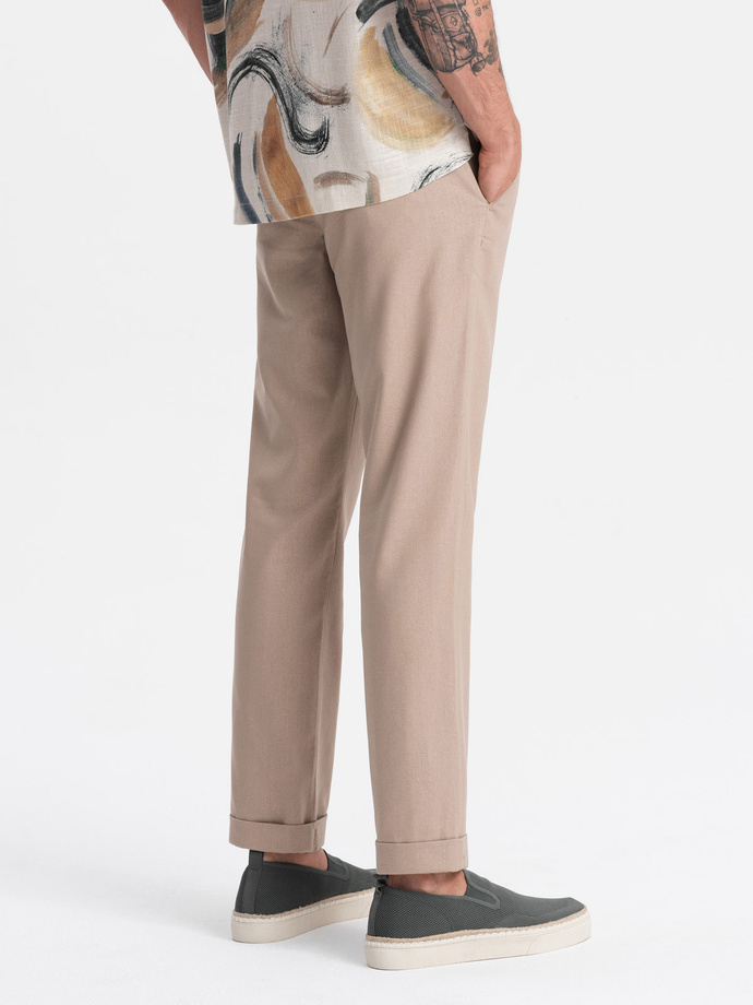 Men's linen blend rolled up chino pants - light brown V3 OM-PACP-0198