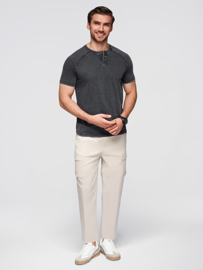 Men's T-shirt with wash effect and buttons at neckline - black V1 OM-TSWT-0150