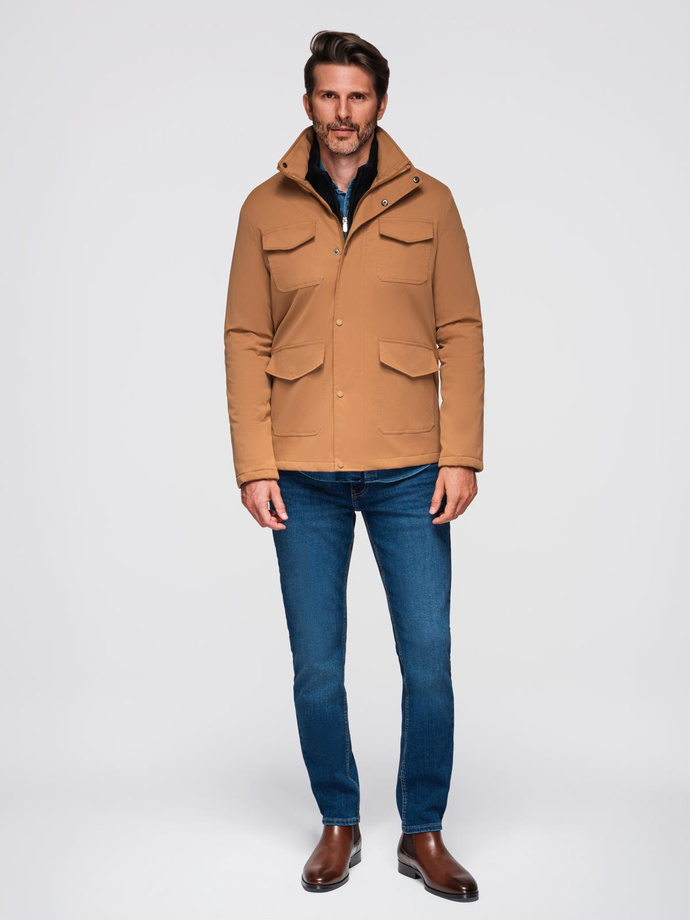 Men's lightweight jacket with pockets and high collar - brown V5 OM-JALP-0167