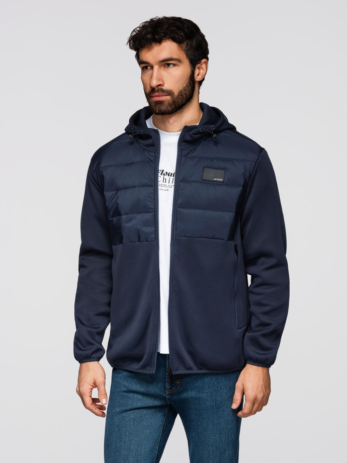 Men's lightweight jacket of combined materials with hood and decorative quilting - navy blue V4 OM-JANP-0160