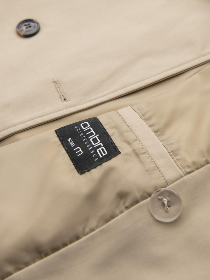 Elegancki męski płaszcz trencz SLIM FIT z paskiem – beżowy V1 OM-COSC-0126