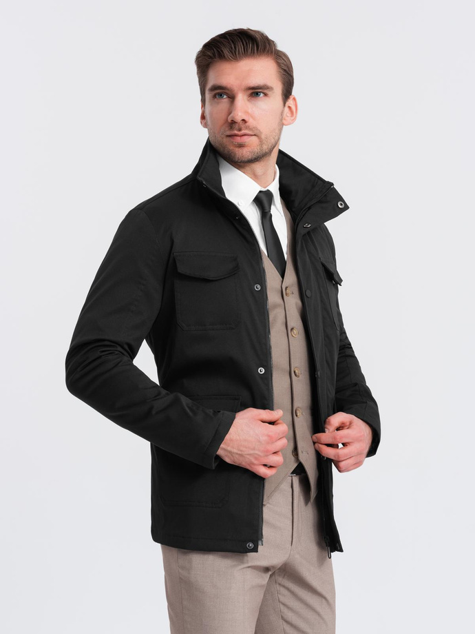 Men's lightweight jacket with high collar and pockets - black V1 OM-JALP-0167