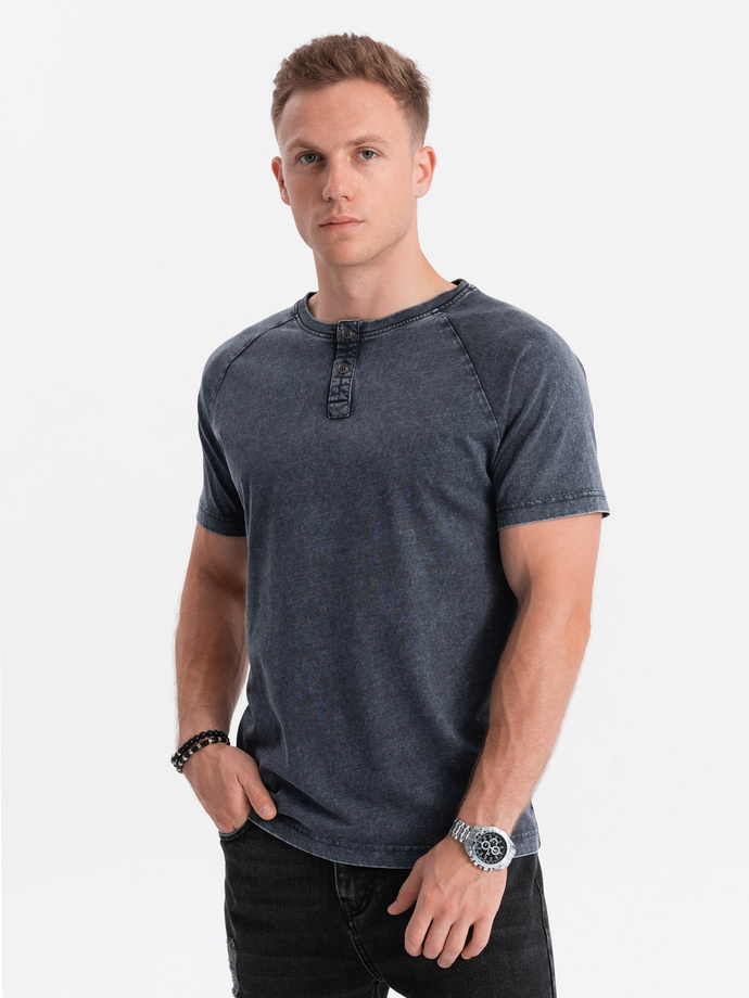 Men's T-shirt with henley neckline - navy blue V2 S1757