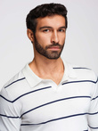 Men's horizontal striped polo longsleeve with viscose - white and navy blue V2 OM-POLS-0146