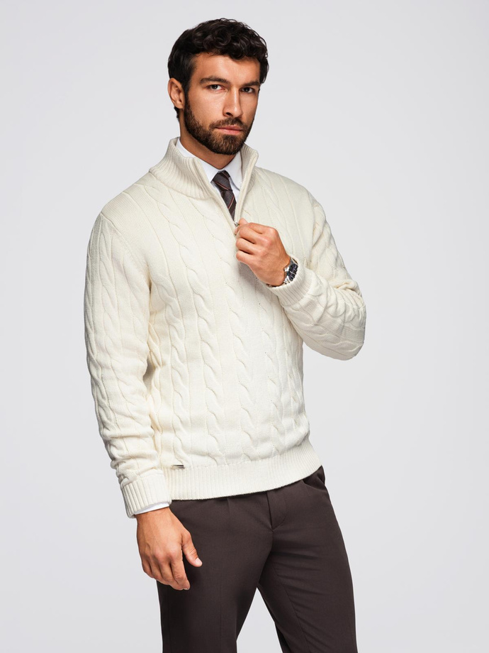 Men's plaid sweater with turtleneck zipper - cream V1 OM-SWZS-0138