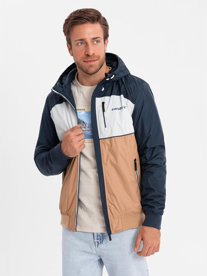 Lightweight colorful men's sports jacket with fleece - brown and navy blue V1 OM-JANP-0194