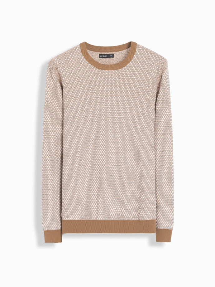 Sweter męski dzianinowy RELAXED FIT we wzory – jasnobrązowy V3 OM-SWSW-0111