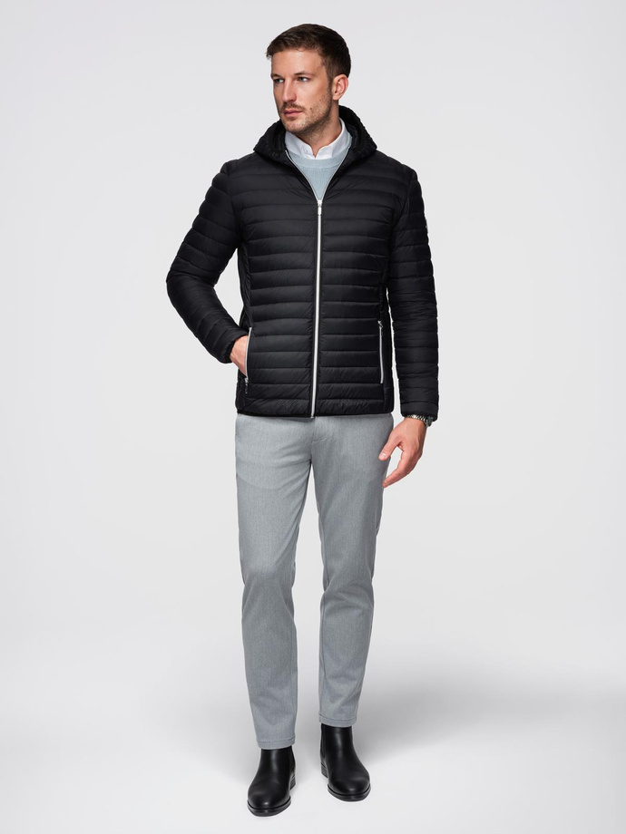 Ultralight men's natural down jacket with stowable pouch - black V1 OM-JALP-0211