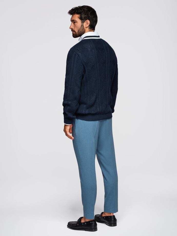 Men's plaid sweater with crew neckline - navy blue V2 OM-SWSW-0151