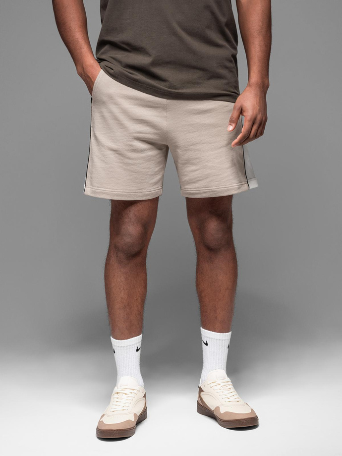 Men's short sweat shorts with wide stripes - beige V2 OM-SRSK-0182