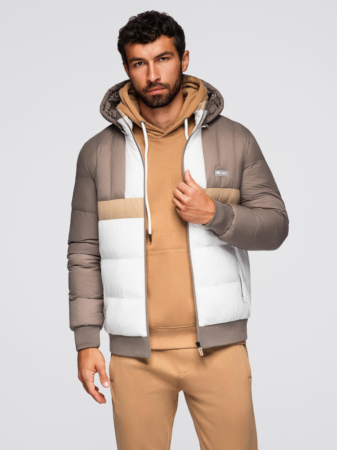 Colorful retro men's sports jacket - beige and white V2 OM-JALP-0296