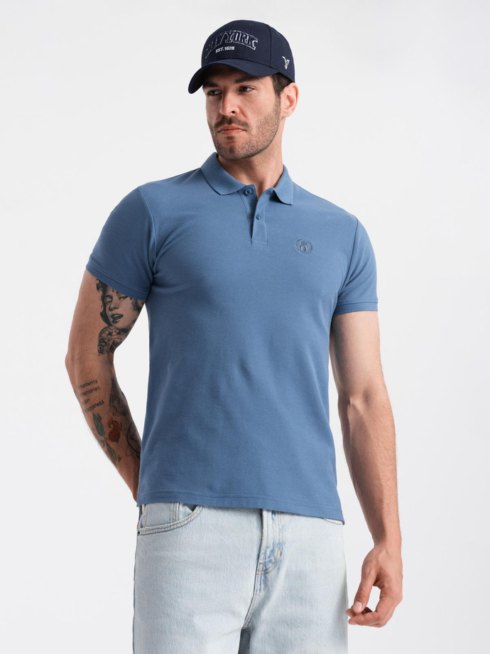 BASIC men's single color pique knit polo shirt - blue V16 OM-POBS-0100