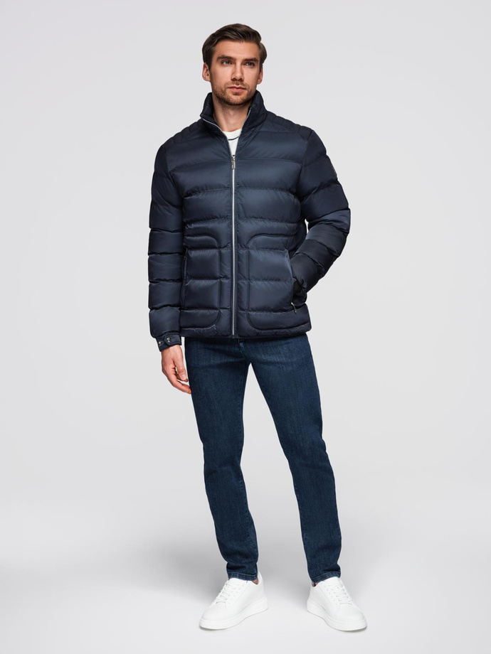 Men's quilted jacket with sheen and stand-up collar - dark blue V2 OM-JALP-0218