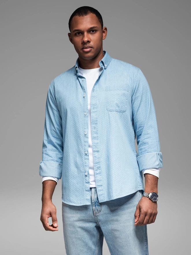 Men's patterned thin denim shirt with pocket - light blue V1 OM-SHDS-0179