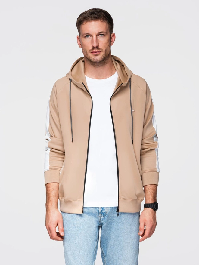 Unzipped men's hooded sweatshirt with piping - beige V4 OM-SSZP-0210