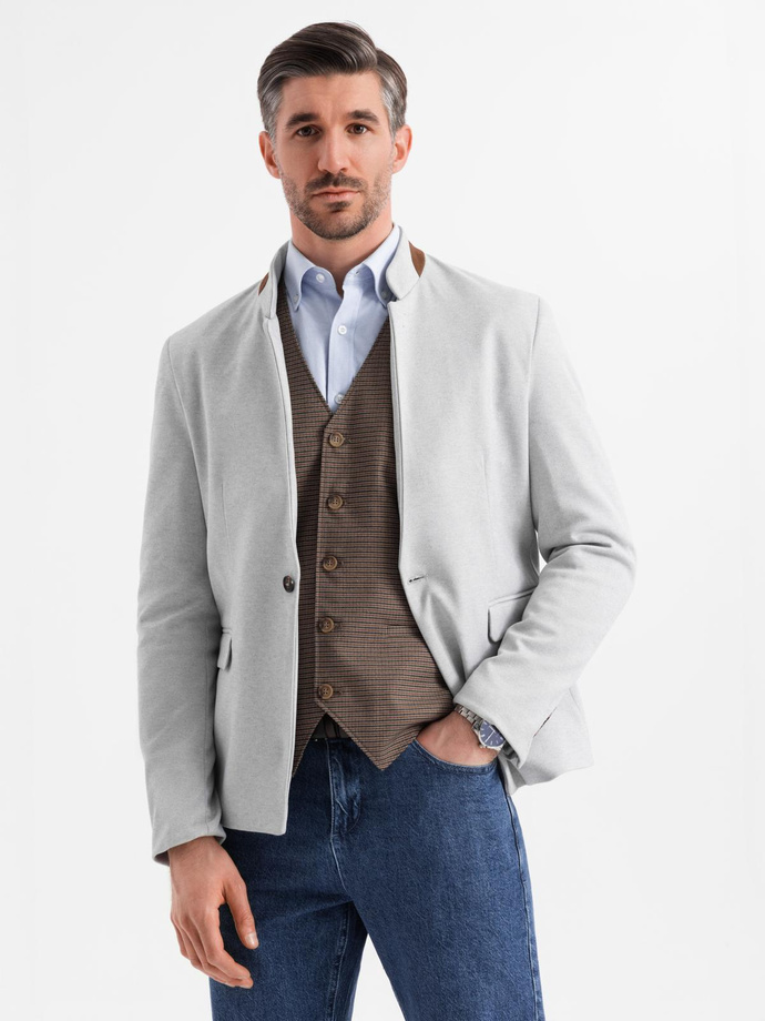 Męska melanżowa marynarka z dodatkiem rayonu ze stójką – szary melanż V4 OM-BLZB-0131