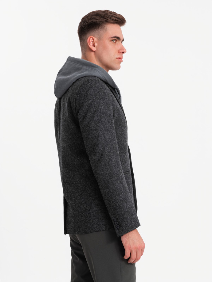 Męska marynarka casual z ozdobnym pinem na klapie - grafitowy melanż V2 OM-BLZB-0120