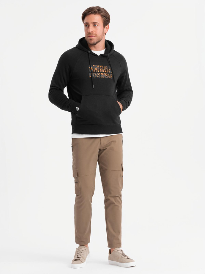 Men's kangaroo sweatshirt with hood and print - black V2 OM-SSPS-0155