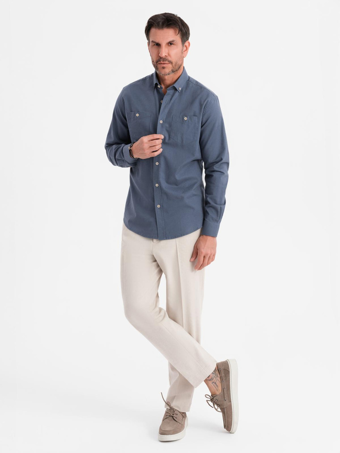Men's linen shirt with classic collar and pockets REGULAR FIT - blue V4 OM-SHCS-0134