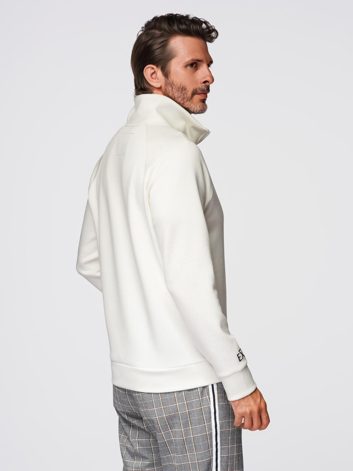 Men's sweatshirt with unbuttoned high collar and contrasting print - ecru V2 OM-SSZP-0211