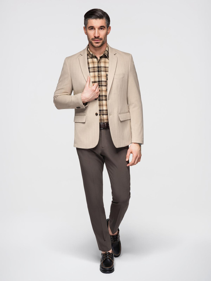 Elegancka męska marynarka SLIM FIT z rayonem – beżowa V2 OM-BLZB-0135