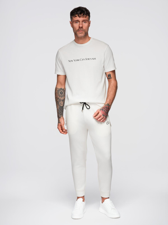 Men's sweatpants with ribbed legs and rubber print - white V2 OM-PASK-0223
