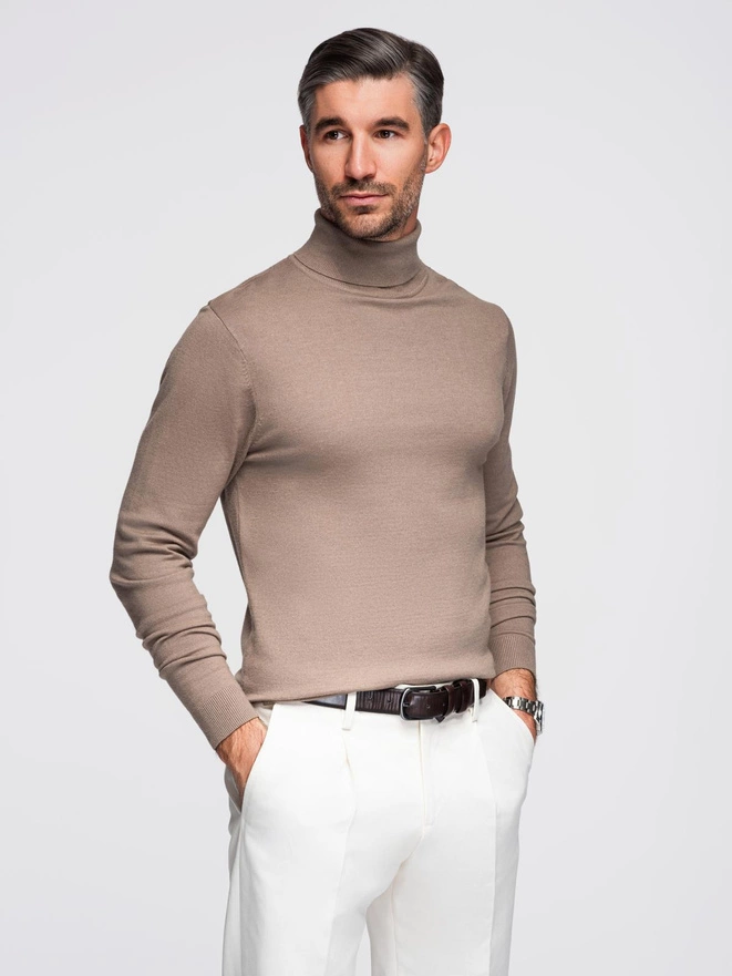 Men's knitted turtleneck with viscose - dark beige V3 OM-SWTN-0127