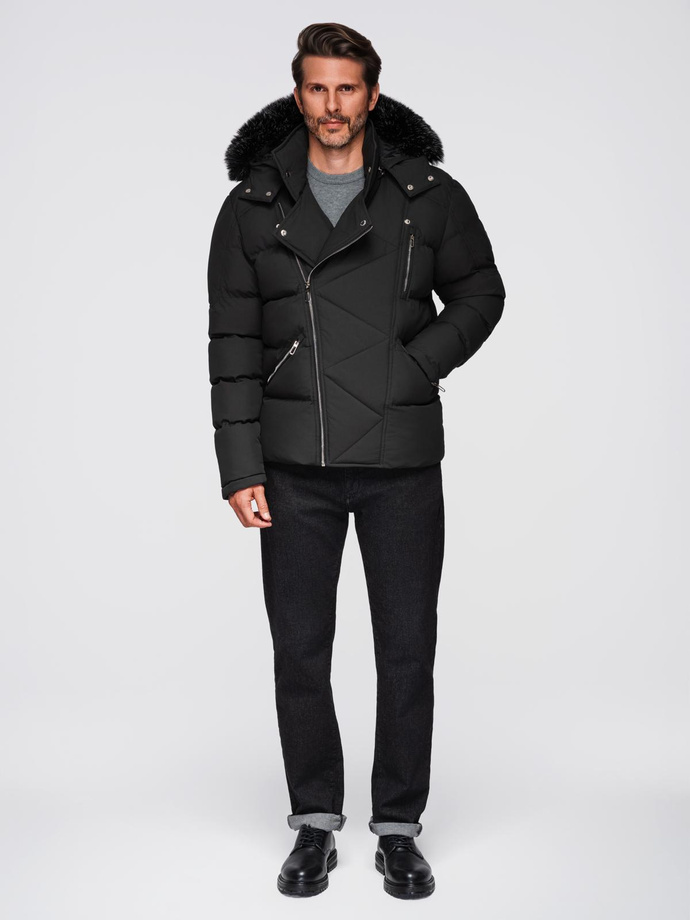 Men's quilted jacket with cut of ramoneski with hood - black V1 OM-JAHP-0252