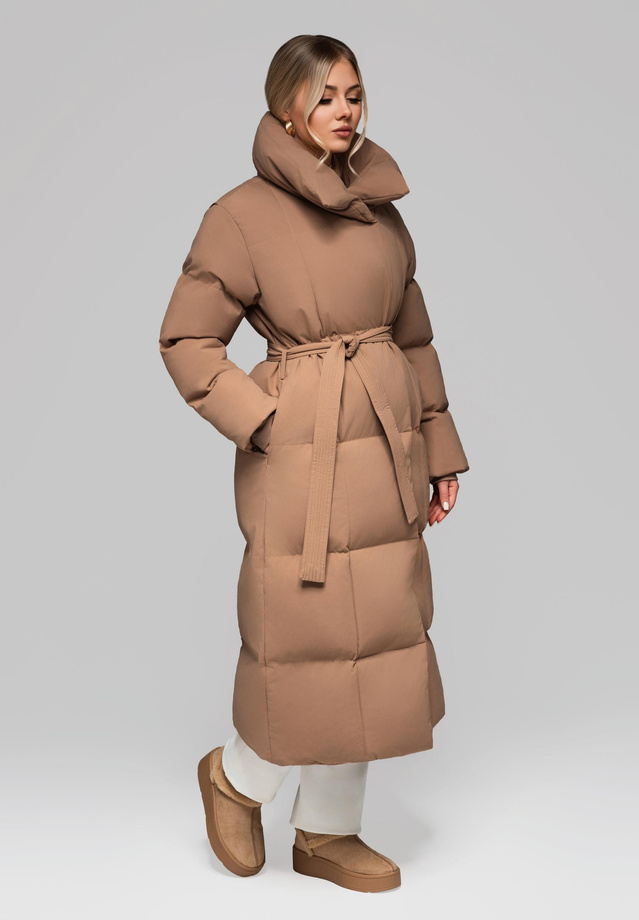 Women's quilted long jacket with belt OW-JALJ-0104 v3 - brown