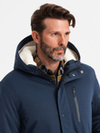 Men's long parka sherpa jacket – navy blue V2 OM-JALJ-0181
