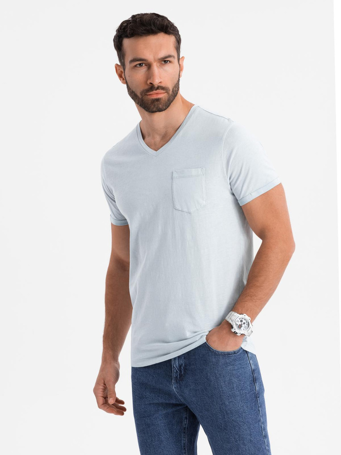 Męski bawełniany t-shirt V-neck z dzianiny z efektem sprania - szary V8 OM-TSWT-0242