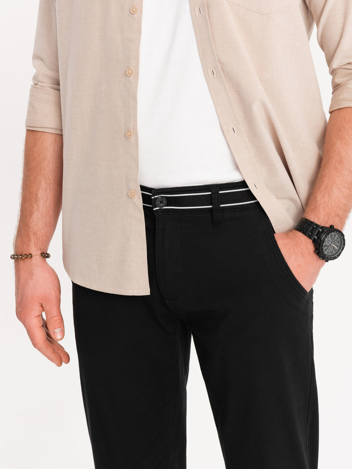 Spodnie męskie chino z ozdobną taśmą w pasie SLIM FIT – czarne V1 OM-PACP-0118