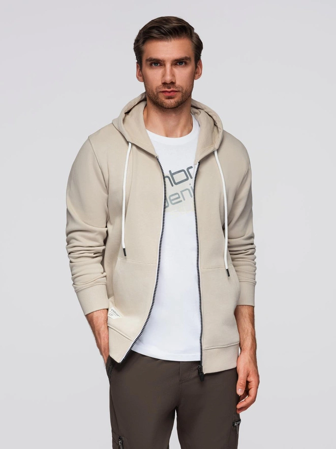 BASIC men's unbuttoned hooded sweatshirt - light beige V1 OM-SSBZ-0178