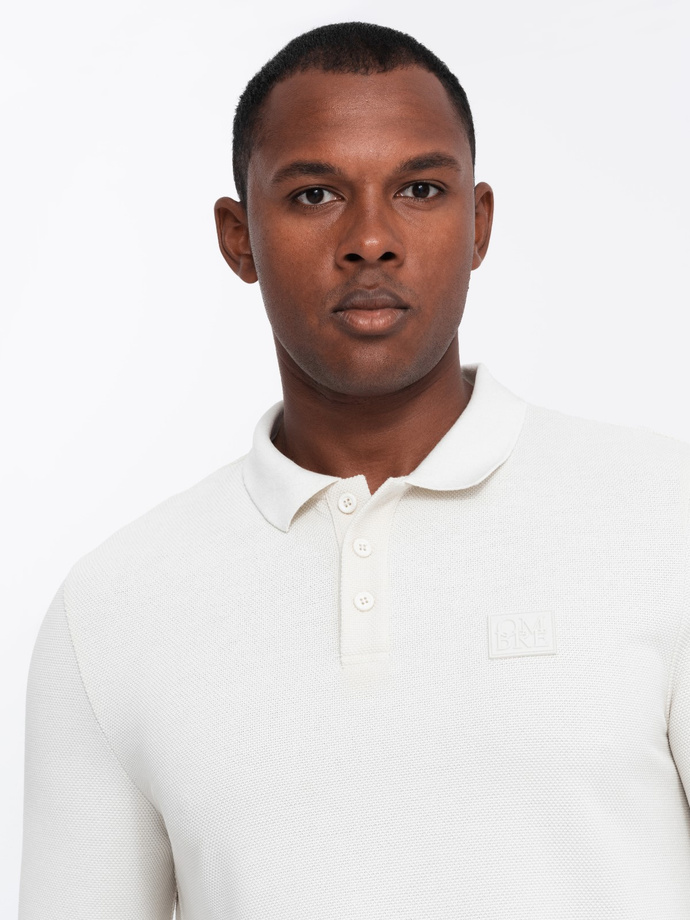 Structured men's polo longsleeve with patch - white V2 OM-POLS-0131