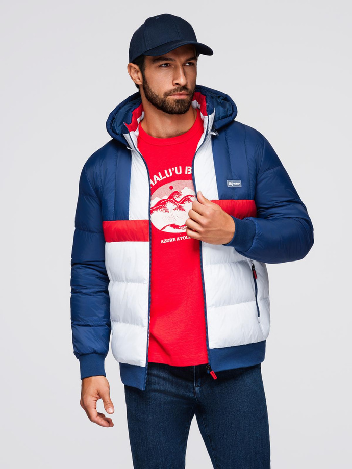 Kolorowa sportowa męska  kurtka w stylu retro – niebiesko-biała V1 OM-JALP-0296