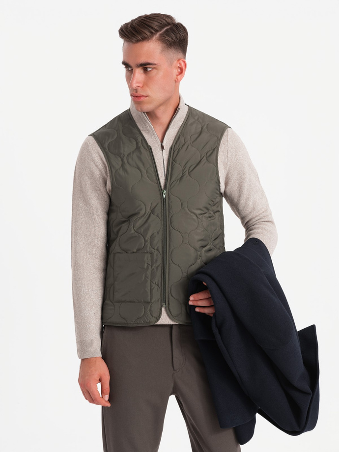 Długi męski jednorzędowy płaszcz z kołnierzykiem i podpinką – granatowy V3 OM-COWC-0106