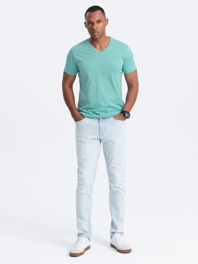 Men's BASIC classic cotton T-shirt with a v-neck - turquoise V15 OM-TSBS-0145