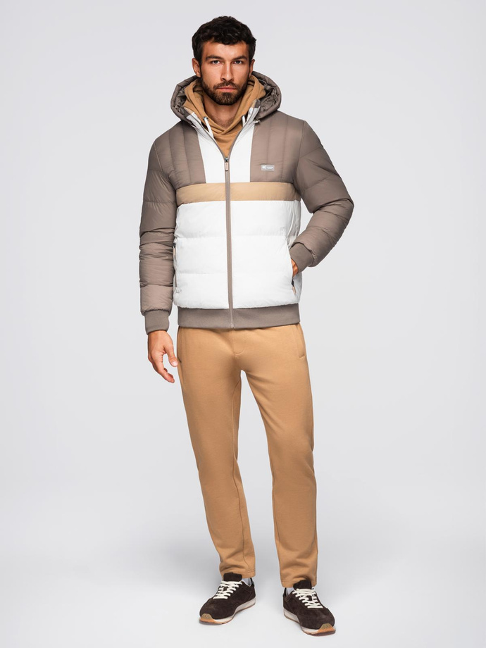 Kolorowa sportowa męska kurtka w stylu retro – beżowo-biała V2 OM-JALP-0296