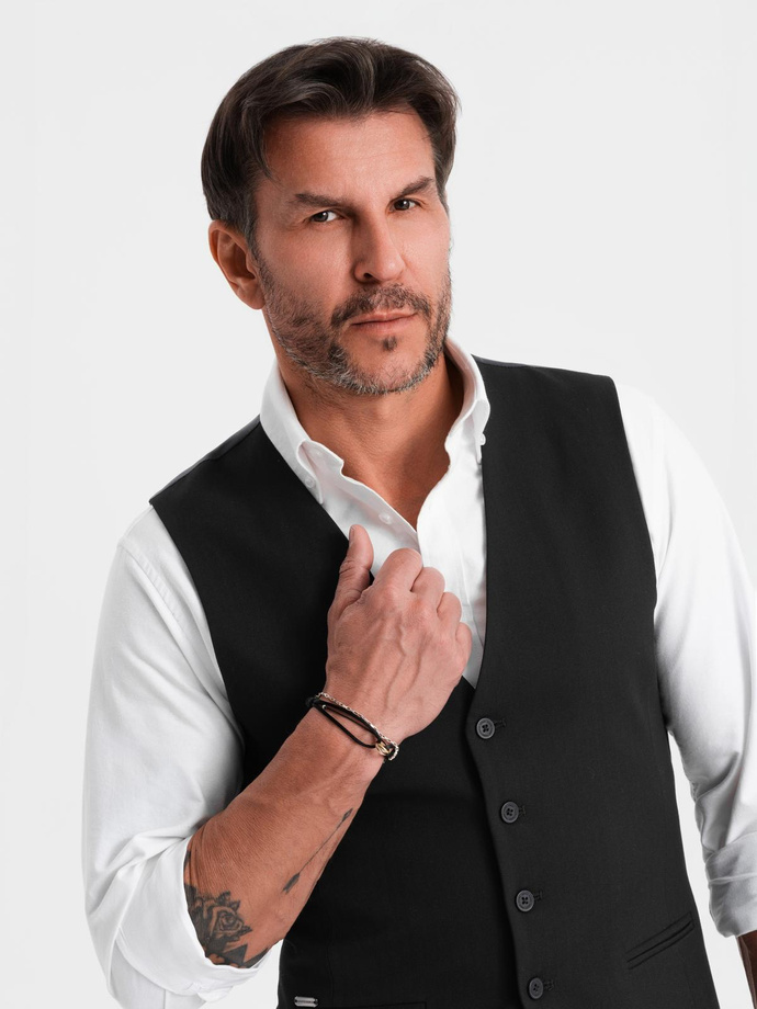 Elegancka męska kamizelka w jodełkę SLIM FIT  - czarna V3 OM-BLZV-0143