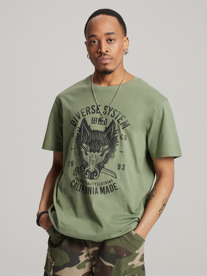 T-shirt męski z nadrukiem JACKALSS E S1818 - khaki